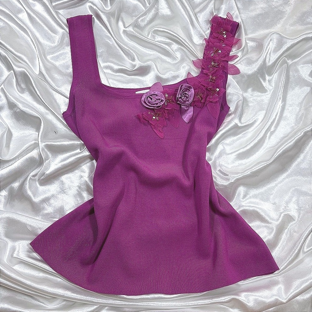 y2k Tank Top Magenta Excellent J. Marco Floral Applique Sequin Ribbed Knit M